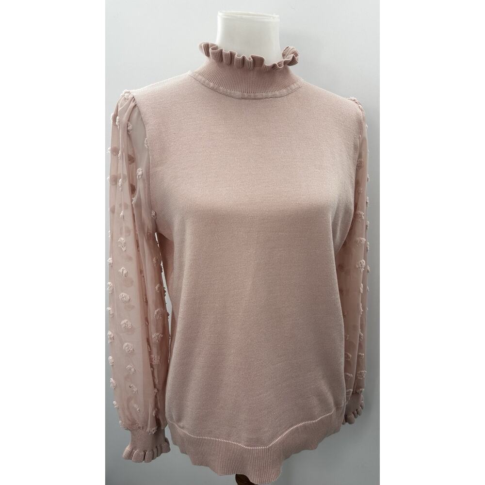 Adrianna Papell Clip Dot Sweater Blush Pink Sheer Sleeve Top M NWT